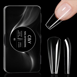 Cycullinyt 250PCS Extra long Coffin Nail Tips, Pre-shaped Clear Fake Nails Tips with box - 10 Sizes Full Cover Soft Acrylic False Gel x Tip Press On for Nails Extensions Diy salon at Home