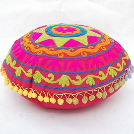 Traditional Jaipur Bohemian Throw Round Suzani Cushion, Embroidered Pillowcovers 16", Decorative Throw Pillow Cases, Indian Pom Pom Outdoor Cushions, Boho Pillow Shams