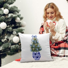 Nvotell Chinoiserie Christmas Tree Pillow Cover - Christmas Blue and White Pillow Cover 18x18, Blue Coquette Bows Christmas Tree Room Decor