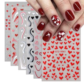 6 Sheets Valentines Nail Stickers for Nail Art,3D Self-Adhesive Heart Nail Art Stickers,Red Black White Glitter Heart Love Lines French Nail Design Decals for Women DIY Valentine Manicure Accessories