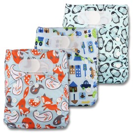 Littles & Bloomz, Reusable Pocket Cloth Nappy, Fastener: Hook-Loop, Set of 3, Patterns 302, with 3 Microfibre Inserts