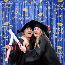 2 Pack Graduation Foil Fringe Curtain 3.3Ft x 6.6Ft Blue Gold 2025 Graduation Party Decorations Metallic Tinsel Curtain Photo Booth Backdrop for Graduation Prom High School University Party Supplies