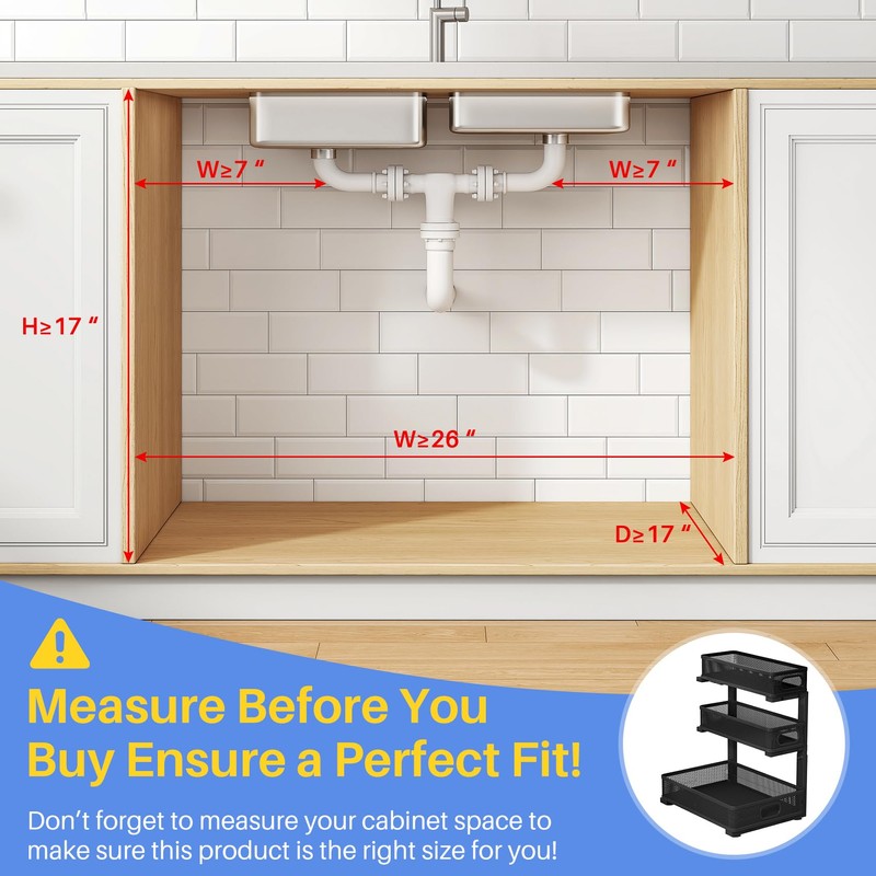 Under Sink Organizer, 2-Pack 3-Tier Thickened Metal Pull out Cabinet