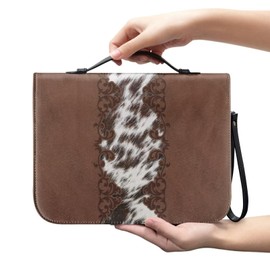 Sktodyaw Brown Cow Floral Print Bible Case with Wristlet Strap Handle Waterproof Bible Carrying Case Large Size Bible Book Organizer Lightweight Bible Accessories Church Bag for Women Men, XL