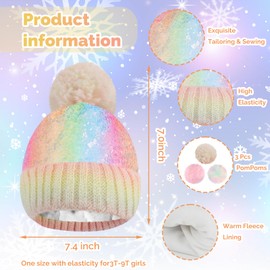 Girls Winter Sequin Beanie Hat with Pom Pom, Children's Warm Fleece Lined Knit Ski Cap for Kids 2-6 Years, 2 Replaceable Pom Poms