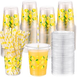 Yungyan 50 Sets Party Plastic Cups 16 oz Cups with Lids and Paper Straws Drinking Cups for Birthday Baby Shower Party Supplies (Lemon Theme)