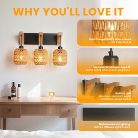 3-Light Rustic Bathroom Vanity Light, Handwoven Rattan & Bamboo Wall Sconce, Farmhouse Wooden Bracket, Boho Wicker Lampshade - for Bathroom, Bedroom, Hallway, Stairway (Natural Finish)