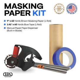 IDL Packaging Masking Kit - 9" x 60 Yards Brown Masking Paper (1 Roll) & 1.41" x 60 Yards Blue Tape (1 Roll) & Manual Paper/Tape Dispenser (Built-in Blade)