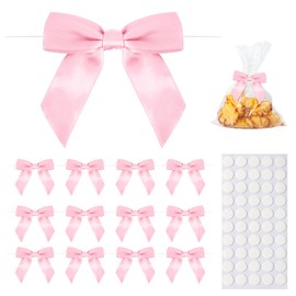 Fanmayhe 50 Pack Pink Twist Tie Bows, 3.5" Satin Ribbon Mini Pink Bows for Tying Up Packages Gifts Wrapping,Crafts Package,Bakery Candy Bags,Party Favors, Wedding, Baby Shower Decorations