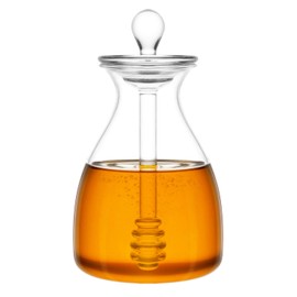 Mkono Honey Dispenser Glass Honey Pot Honey Jar with Dipper Sticks and Lid Cover Honey Containers Holder for Home Kitchen, 14 Ounces