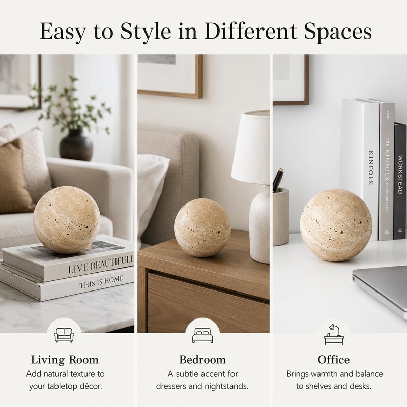 Artisanal Abode Natural Travertine Decorative Sphere, 3.94 Inch Stone Ball