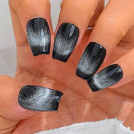 Sethexy French Black Medium Coffin Fake Nail Cat Eye Glitter Handmade False Nails Natural Glossy Press on Nail Salon Durable Quality Nails for Women and Girls 10PCS (I)