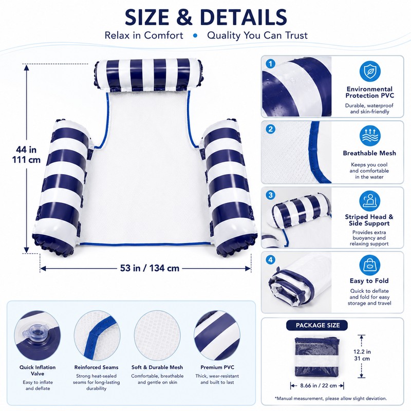4-in-1 Inflatable Water Hammock Pool Float – Striped PVC Floating