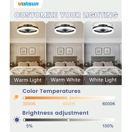 VOLISUN 13 inch Small Ceiling Fans with Lights and Remote, Low Profile Ceiling Fans with Light, 3000K-6500K Dimmable LED Ceiling Light Flush Mount, Bladeless Fandelier Ceiling Fan (Black)