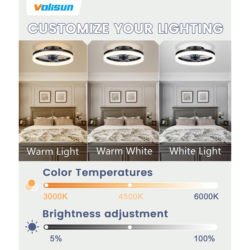 VOLISUN 13 inch Small Ceiling Fans with Lights and Remote,