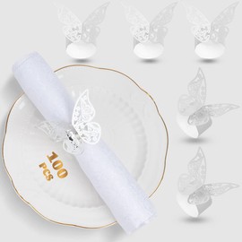 100 Pcs Napkin Rings Laser Cut Butterfly Shape Foil Paper Napkin Holder for Weddings Party Serviette Table Decoration Restaurant (Silver)