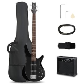 Ktaxon 4 String Electric Bass Guitar, Full Size Standard Right Handed Rosewood Fingerboard Beginner Kit with Cable Wrench Tool (Upgraded Black With AMP)