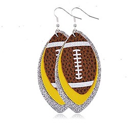 Glitter Faux Leather Football Drop Dangle Earrings for Women Gift Accessories Football Jewelry for Moms-3 layers Silve&Yellow