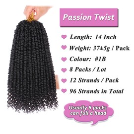 Samtress Passion Twist Crochet Hair 14 Inch Natural Black Pre Twisted Water Wave Synthetic Pre Looped Boho Hair Extensions for Women Curly 8 Packs (#1B)