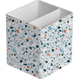 LEAZUL Pen Pencil Holder, Makeup Brush Holder,Ceramic Remote Control Holders Organizer with 2 Compartment Terrazzo Multi-functional Office Organizers Storage Caddy Desk Tv Remote Holders Light Blue