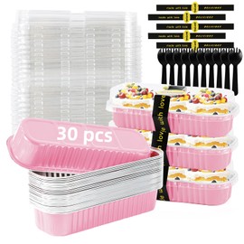 Mini sartenes para pan con tapas y cucharas para sellar, 30 moldes para pasteles de 7.5 onzas para hornear moldes desechables de papel de aluminio rojo (30 piezas de oro negro)