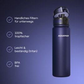 AQUAPHOR City Filter Bottle 500 ml Navy I Bottle with Water Filter for On the Go I Filter with Activated Carbon I Filters Chlorine I Made of Tritan & BPA Free I For Better Taste & Odour of Water