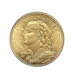 Replica of historic coin: Switzerland Federal State 1900 B Gold 20 Francs. Made of brass.