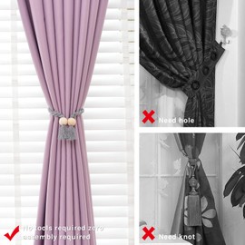 Pretty Jolly Ball Magnetic Curtain Tiebacks Wooden Boho Decoration Tiebacks Natural Cotton Hand Woven for Window Curtains for Home and Office (Gray), Pack of 2