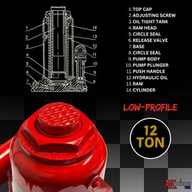 ATE Pro. Tools - 12 Ton Hydraulic Bottle Jack, (24,000 lbs) Red Bottle Jack, Low Profile Bottle Jack, Welded Hydraulic Low Profile Bottle Jack
