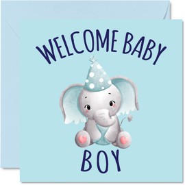 Stuff4 Elephant Baby Boy Congrats Card, 5.7 x 5.7 Inch, Blank Inside, Envelope Included, Made in UK