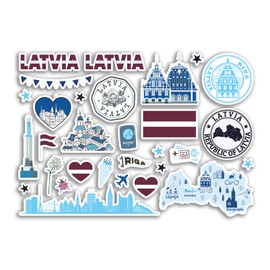 #80345 Sticker Sheet Latvia Blue Attractions Vinyl Sticker - Latvian Map Airport Stamp Skyline Flag Travel Holiday City Country Aesthetics