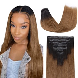 Lashey Clip in Hair Extensions 110g 7pcs Yaki Straight Seamless Clip in Hair Extensions Human Hair for Women 18 Inch Ombre Natural Black to Medium Auburn Hair Extensions Real Human Hair