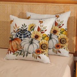 DAFENA Fall Pillow Covers 18x18 Inch 2 Pcs Pumpkin Maple Leaf Floral Decor Throw Pillows Autumn Leaves Thanksgiving Harvest Outdoor Seasonal Decoration Pillowcase Linen Cushion Cover for Couch Sofa
