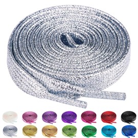 Olukssck 2 Pairs Glitter Shoelaces for Sports Shoes and Trainers, Coloured Flat Shoe Laces, 10 mm Wide, Silver, 120 cm