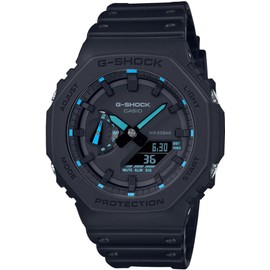 Casio G-Shock GA-2100-1A2 Neon Accent Series Analog Digital Black Strap Men's Watch, Blue Dial, 48.5 × 45.4 × 11.8 mm