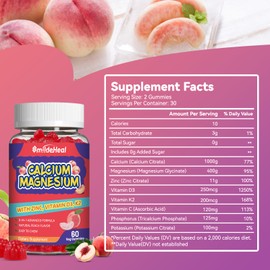 Calcium Magnesium Gummies 600MG, Calcium Magnesium Zinc Gummies with Vitamin D3 - High Absorption Complex Calcium Supplement, Vegan, 60 Counts