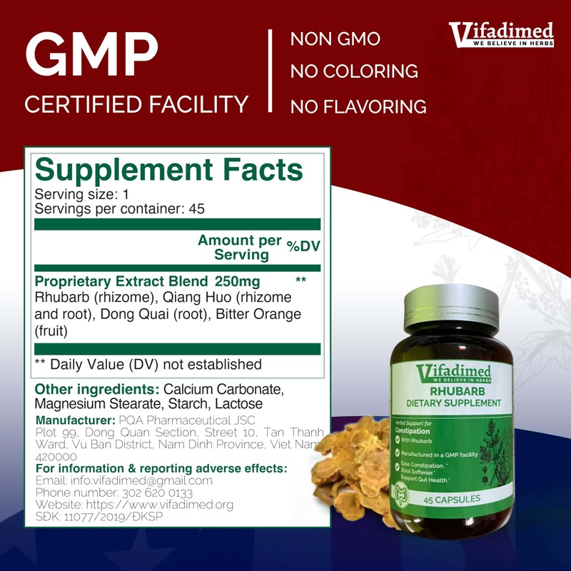VIFADIMED Rhubarb - Herbal Support for Constipation Ease, Stool softeners,