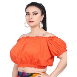 Wevez Women's Tribal Style Summer Cotton Puff Sleeve Crop Top Blouse, Orange