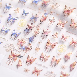 2 Sheets Butterfly Nail Art Stickers, 5D Embossed Aurora Butterfly Nail Decals, Pink Blue Butterfly Nail Charms for Nail Art Decoration Design