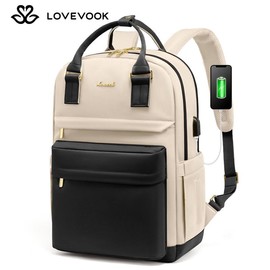 LOVEVOOK Laptop Backpack with USB Port, Backpack Purses for Women, Ideal Travel Backpacks for College, Work, Nursing, Travel, School Backpack, and Personal Item:_Black-Beige_17.3" - 12.8"L * 19"H * 7.7"D