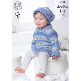 King Cole Double Knitting Pattern Long Sleeved Sweater Jacket & Hat Set Baby Drifter DK (4309) by King Cole