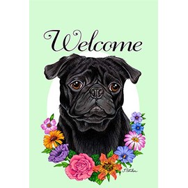 Best of Breed Pug Black Welcome Flowers Garden Flags