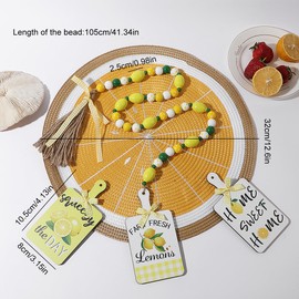 Handcrafted Lemon Farmhouse Decor Set - 48" Wood Beaded Garland, 2 Wall Hangings & 15" Heat-Resistant Placemat for Rustic Kitchen Decor, Table, Tiered Tray Accents & Tropical Table Setting Gift