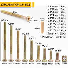 FamTol 54-Set Crib Screws, Furniture Screws and Nuts Kit, Bed Frame M6 x 16mm/ 20mm/ 25mm/ 30mm/ 40mm/ 50mm/ 60mm/ 70mm/ 80mm Barrel Nut & Wooden Dowel Assortment Kit