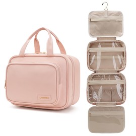 YINGLANG Hanging Toiletry Bag,Travel Large Capacity Makeup Bag Organizer for Women,PU Leather Toiletry Bag for Men with Clear Window,Travel Size Accessories (Pink)