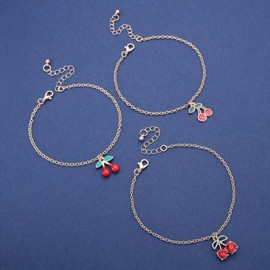 Wendalern Boho Gold Ankle Bracelets Rhinestone Cherry Charms Anklets Layered Diamond CZ Fruit Cherry Ankle Chain Cute Anklets Set Summer Beach Foot Jewelry for Women and Girls