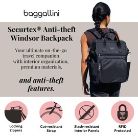 Baggallini Securtex Anti-Theft Windsor Backpack for Travel, Work & College, RFID & Locking Zipper, Up to 16" Laptop