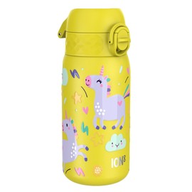 Ion8 Lightweight Steel Kids Water Bottle, 400ml/13oz, Non-Insulated, Leak Proof, Easy to Open, Secure Lock, Dishwasher Safe, Fits Cup Holders, Carry Handle, Metal Water Bottle, Yellow, Unicorns