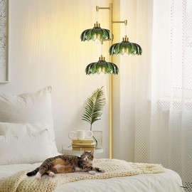 ILLMTW Glass Gold Floor Lamp for Living Room,Bedroom,Mid Century Modern Standing Lamp Brass Tree 3 Light Tall Floor Lamps Vintage Retro Floor Lights Green Flower Lamp Shade Farmhouse Boho Bohemian