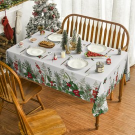 Horaldaily Christmas Tablecloth 60×84 Inch Rectangular, Fruits Pine Leaves Washable Table Cover for Party Picnic Dinner Decor